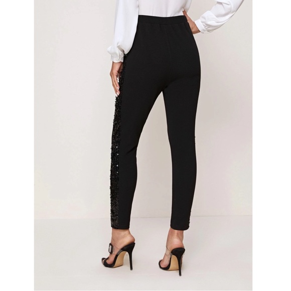 Black Sequin Embellished Elegant Skinny Stretchy Pants Elastic Waist Long - Picture 4 of 6